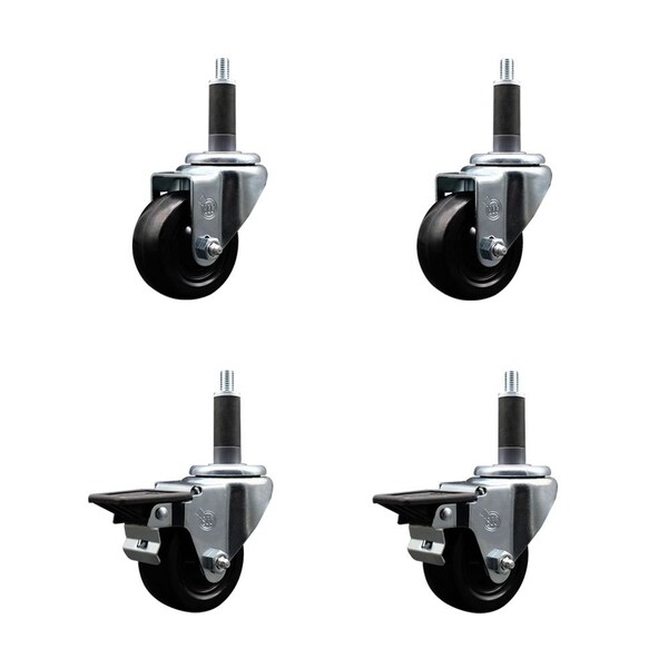3'' Hard Rubber Wheel Swivel 1'' Expand Stem Caster Set 2 Brakes, 4PK
